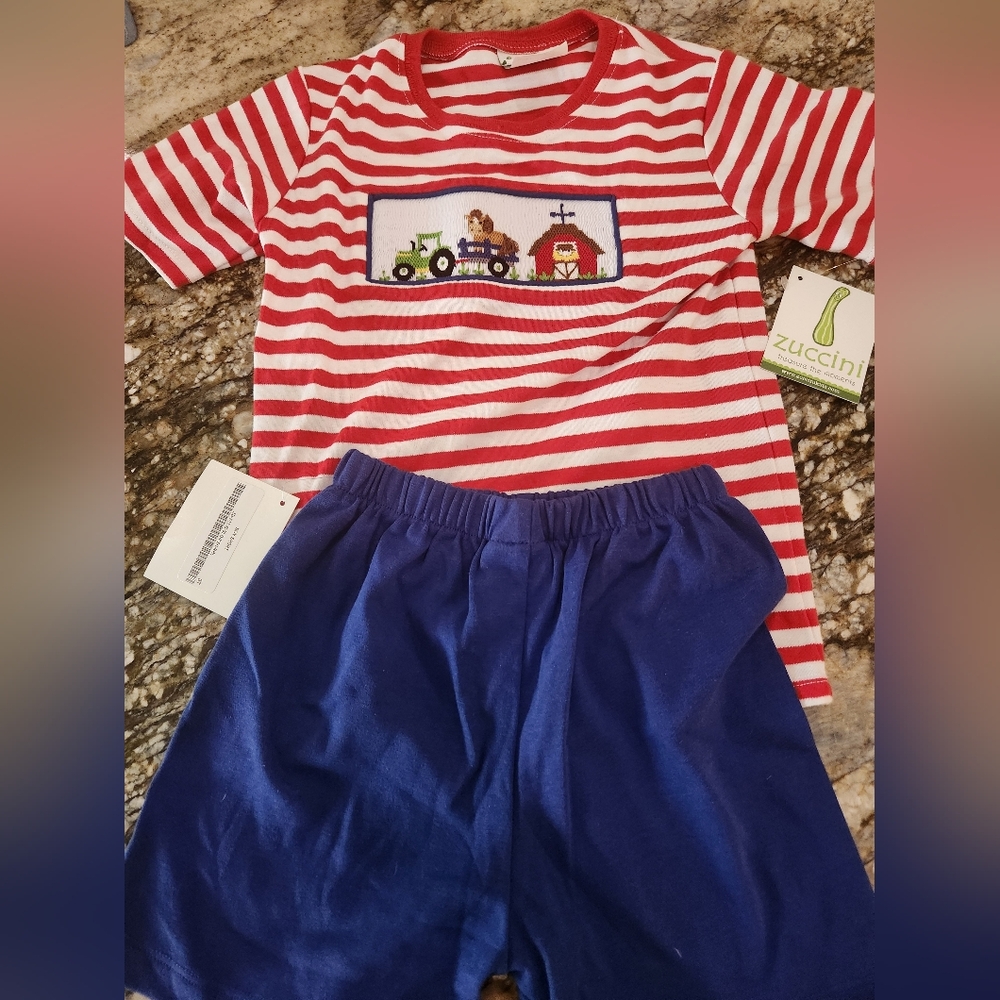 Zuccini Kids Red Striped Top and Blue Shorts Set